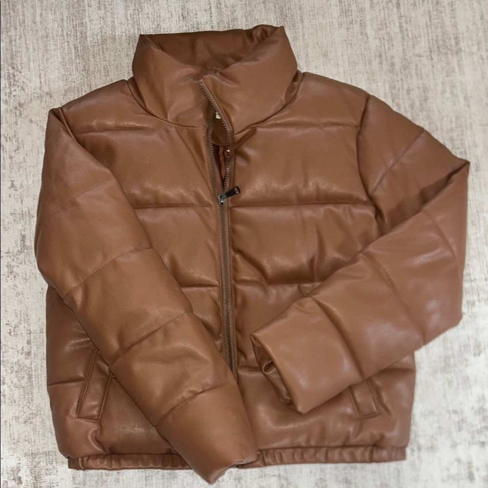 Sebby Brown Puffer Jacket with High Collar and Quilted Design